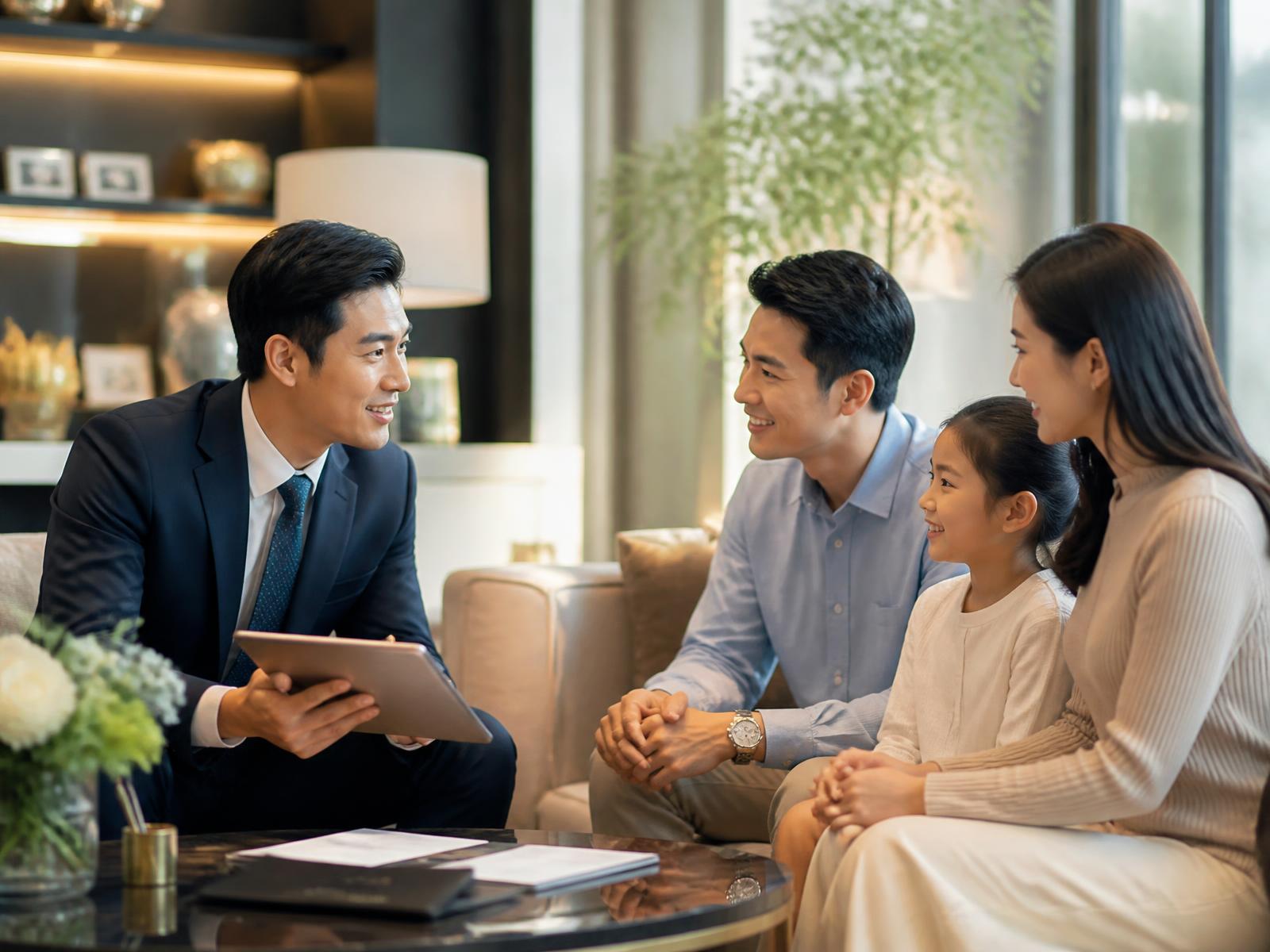 คมสันต์ ชีวงศ์ ที่ปรึกษาการเงิน AIA กำลังให้คำปรึกษาการวางแผนประกันกับลูกค้าครอบครัวหนึ่ง